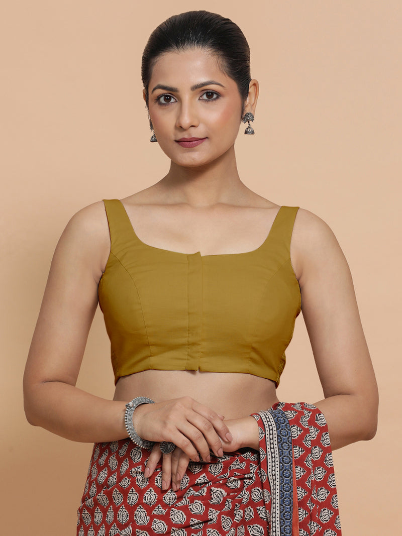 Mohini x Rozaana | Round Neck Khaki Plain Cotton Saree Blouse-Binks