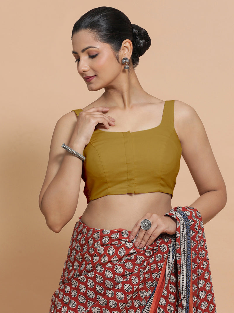 Mohini x Rozaana | Round Neck Khaki Plain Cotton Saree Blouse-Binks