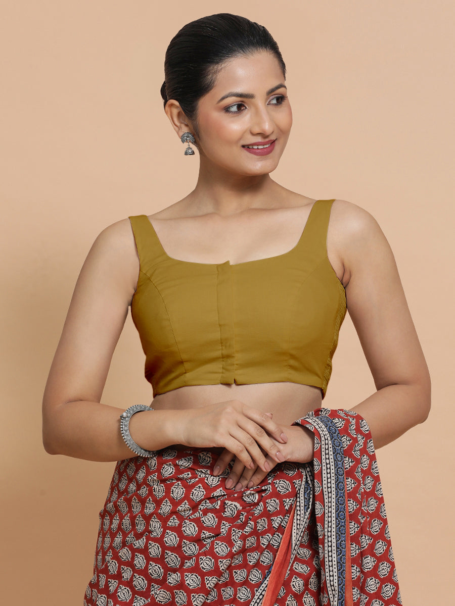 Mohini x Rozaana Saree Blouse, in Yellow Cotton, featuring sleeveless and round neckline, made for daily & work (view 8).