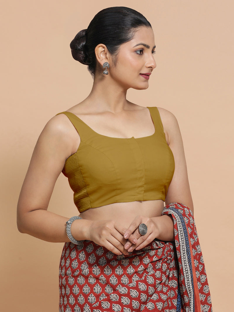 Mohini x Rozaana | Round Neck Khaki Plain Cotton Saree Blouse-Binks