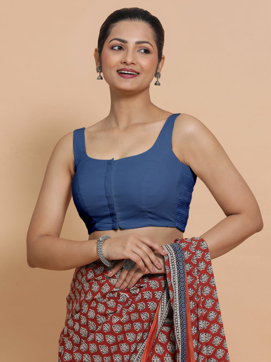 Mohini x Rozaana Saree Blouse, in Blue 100% Cotton - Solid, featuring sleeveless and round neckline, made for daily & work.