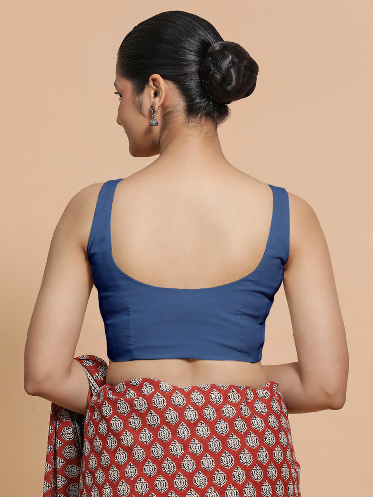 Mohini x Rozaana Saree Blouse, in Blue 100% Cotton - Solid, featuring sleeveless and round neckline, made for daily & work.