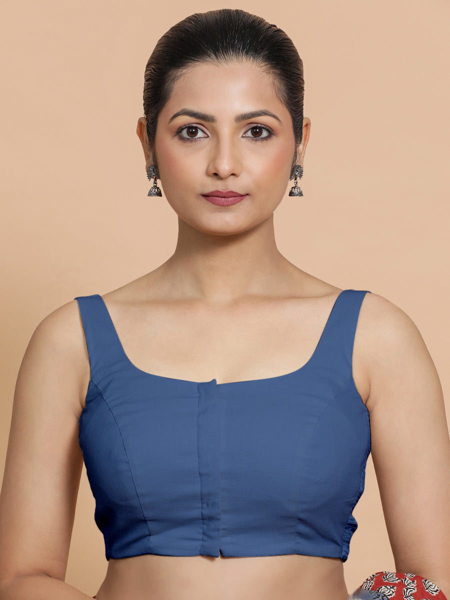 Mohini x Rozaana Saree Blouse, in Blue 100% Cotton - Solid, featuring sleeveless and round neckline, made for daily & work.