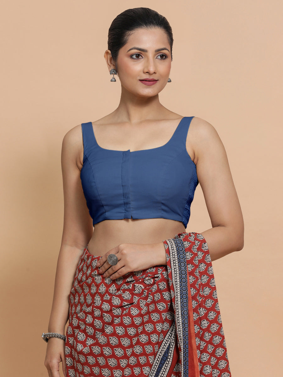 Mohini x Rozaana Saree Blouse, in Blue 100% Cotton - Solid, featuring sleeveless and round neckline, made for daily & work.