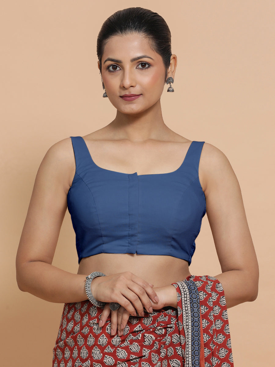 Mohini x Rozaana Saree Blouse, in Blue 100% Cotton - Solid, featuring sleeveless and round neckline, made for daily & work.