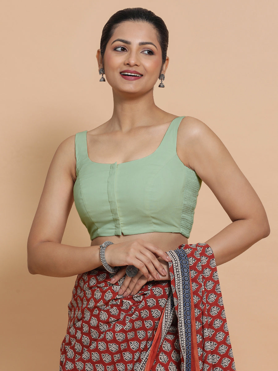 Mohini x Rozaana | Round Neck Light Sage Plain Cotton Saree Blouse