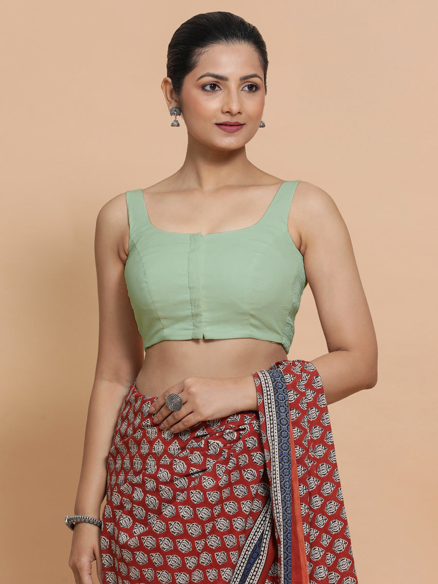 Mohini x Rozaana Saree Blouse, in Green Cotton, featuring sleeveless and round neckline, made for daily & work (view 5).