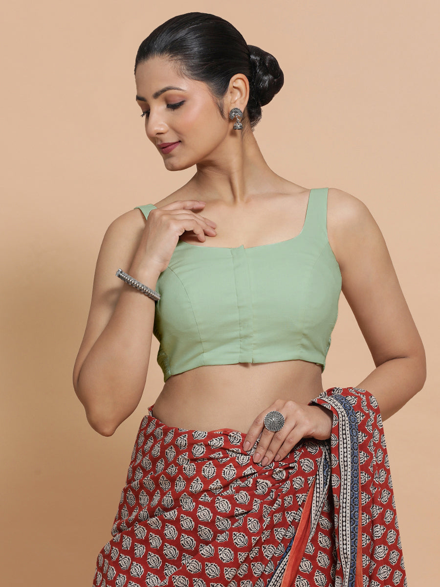 Mohini x Rozaana Saree Blouse, in Green Cotton, featuring sleeveless and round neckline, made for daily & work (view 6).
