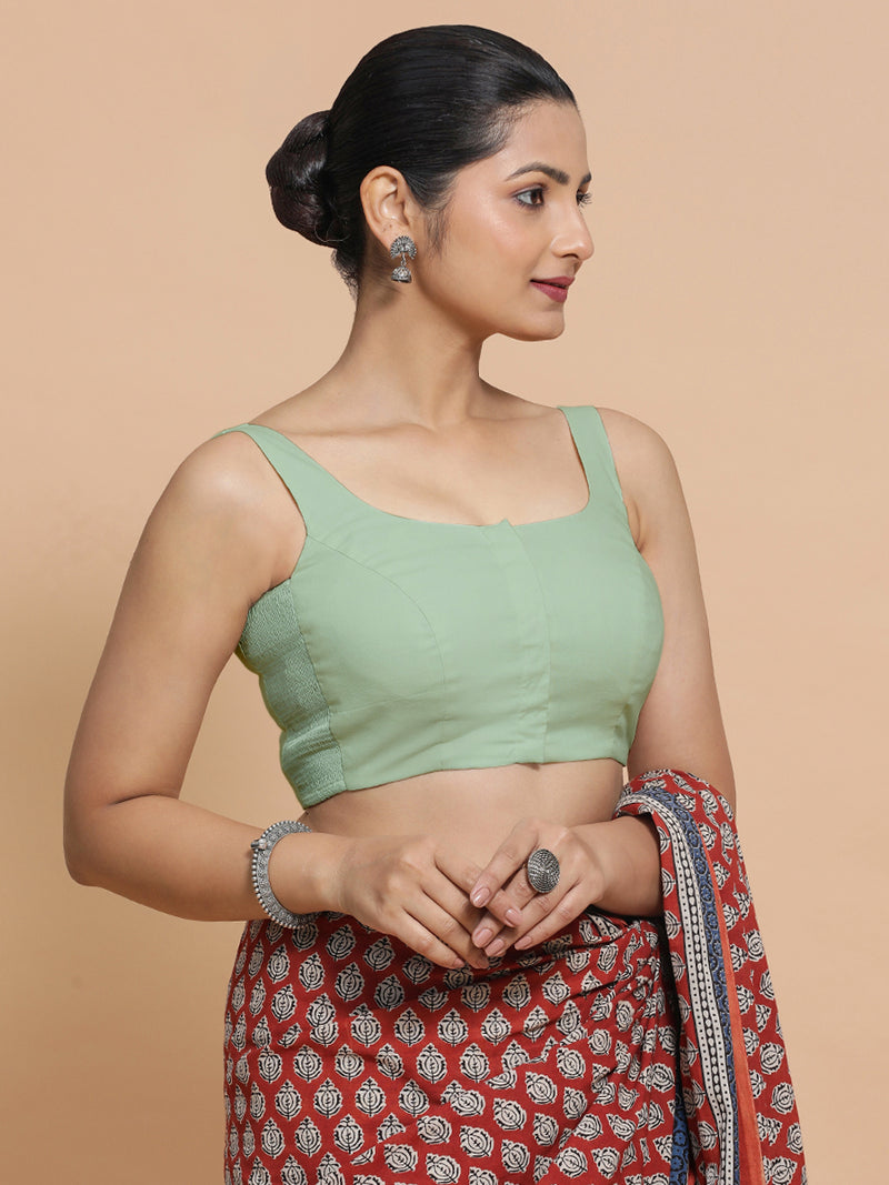 Mohini x Rozaana | Round Neck Light Sage Plain Cotton Saree Blouse-Binks