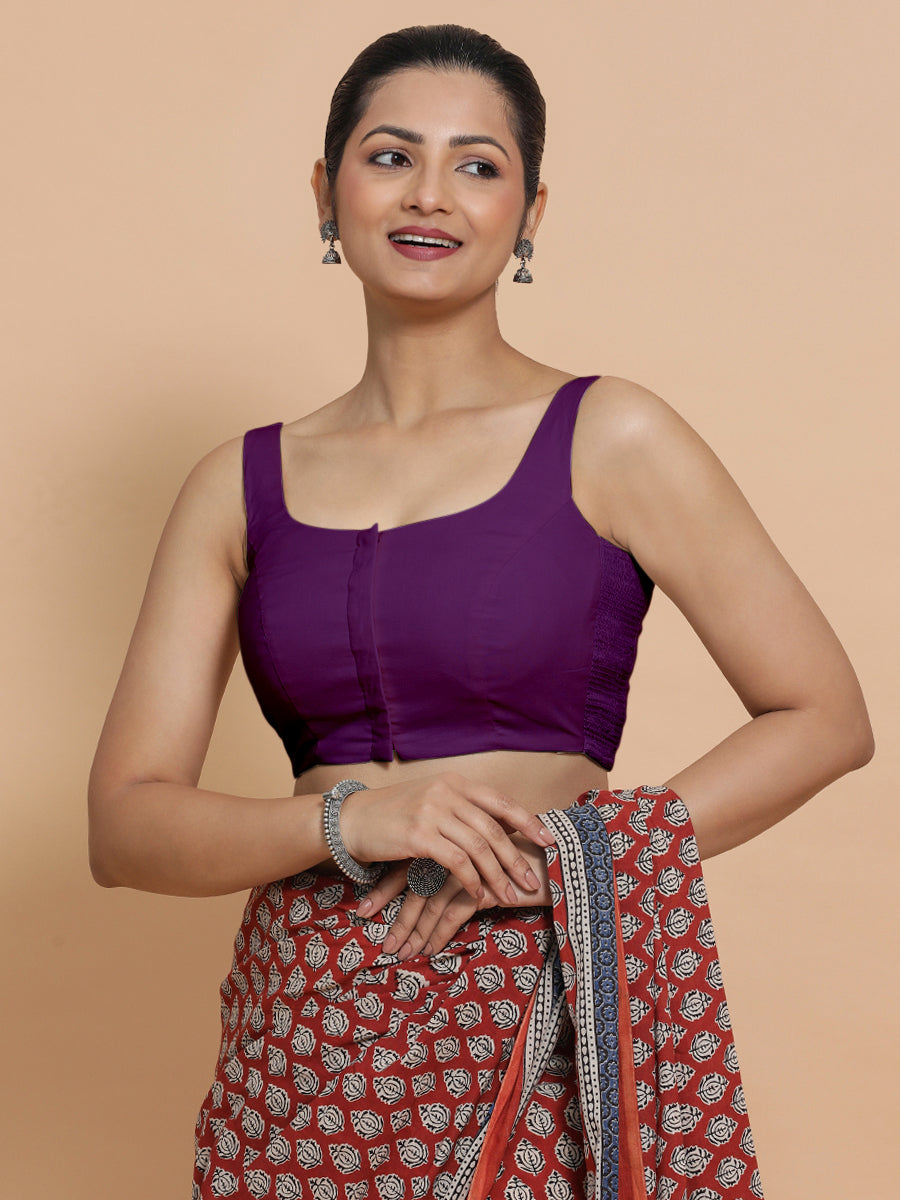 Mohini x Rozaana Saree Blouse, in Purple Cotton, featuring sleeveless and round neckline, made for daily & work (view 6).