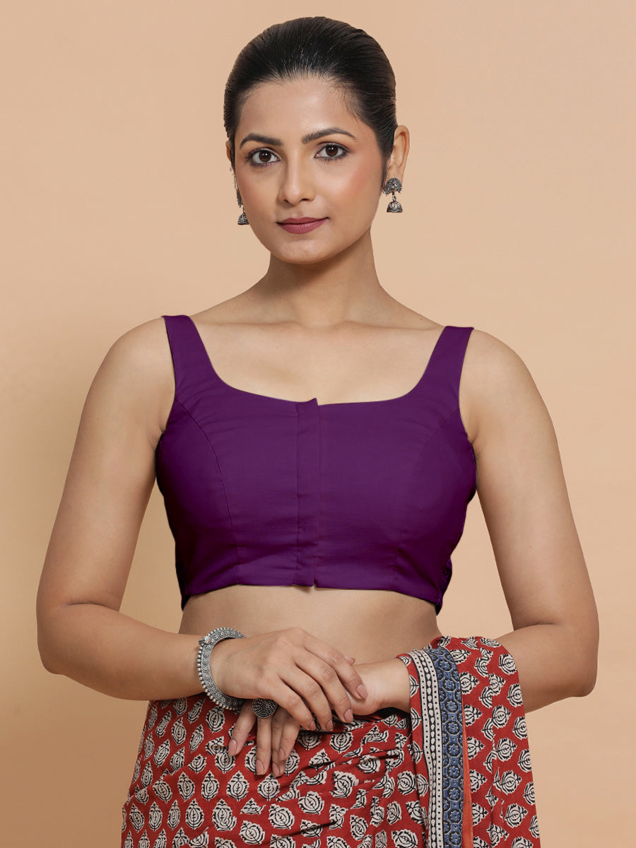 Mohini x Rozaana Saree Blouse, in Purple Cotton, featuring sleeveless and round neckline, made for daily & work (view 7).
