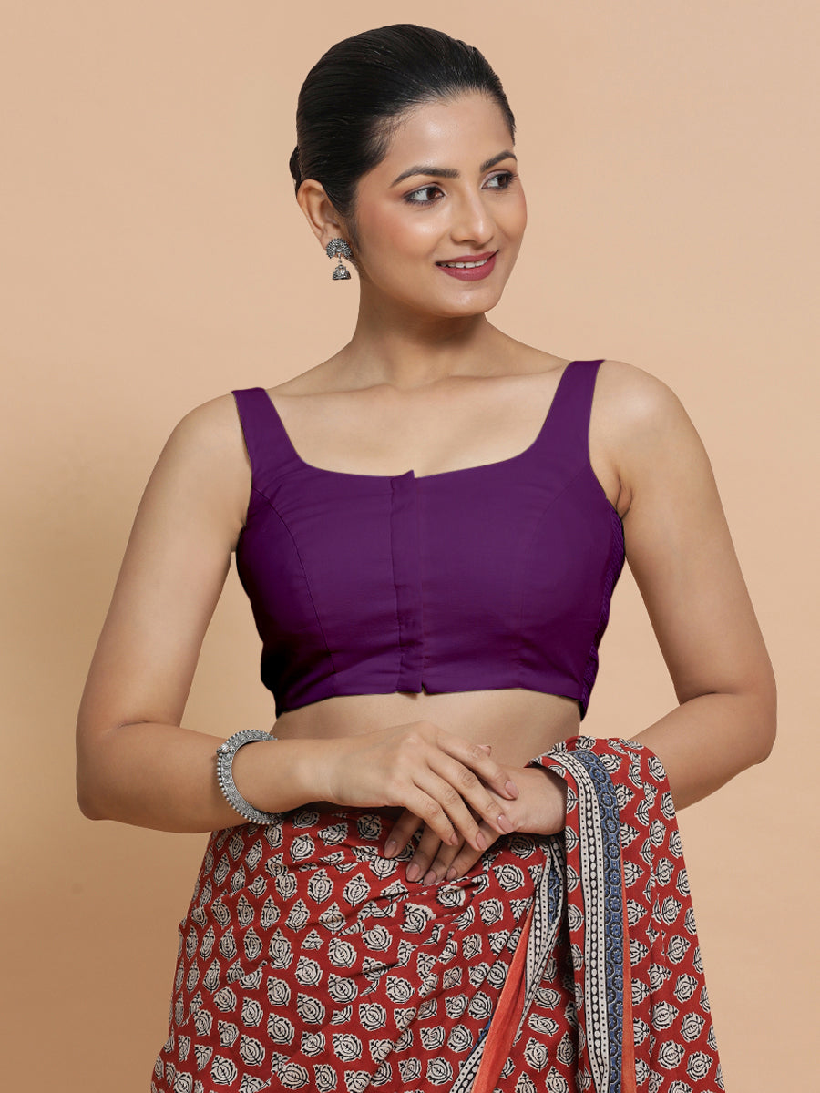 Mohini x Rozaana Saree Blouse, in Purple Cotton, featuring sleeveless and round neckline, made for daily & work (view 8).