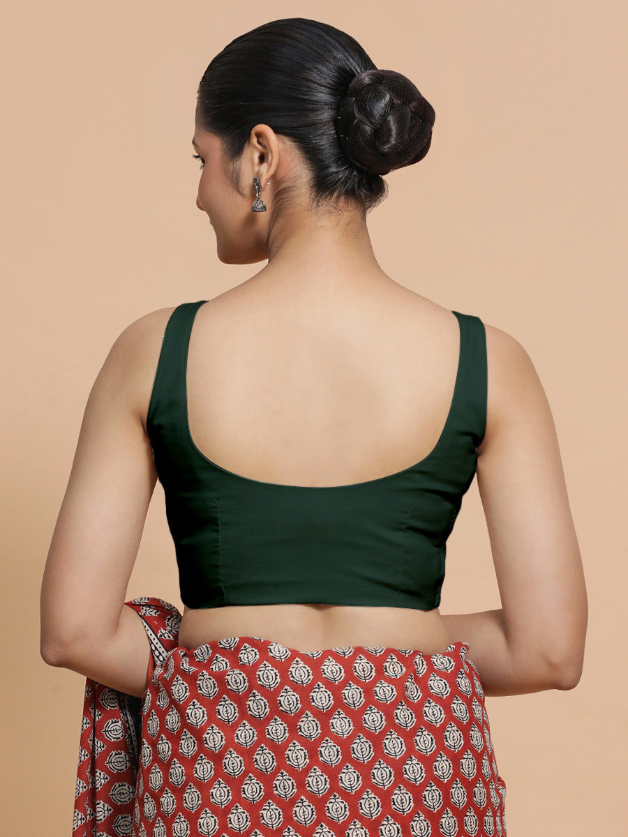 Mohini x Rozaana Saree Blouse, in Green Cotton, featuring sleeveless and round neckline, made for daily & work (view 2).