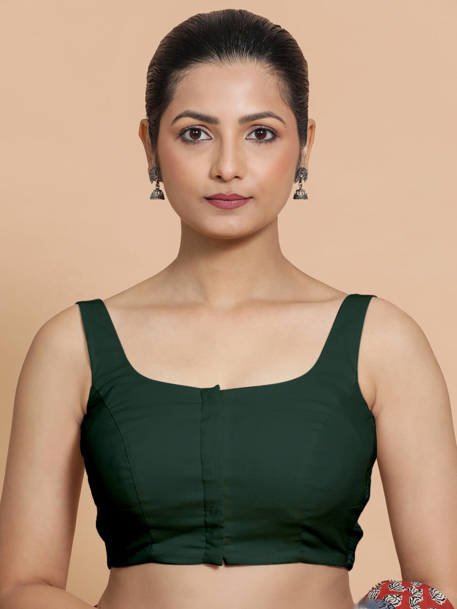 Mohini x Rozaana Saree Blouse, in Green Cotton, featuring sleeveless and round neckline, made for daily & work (view 4).