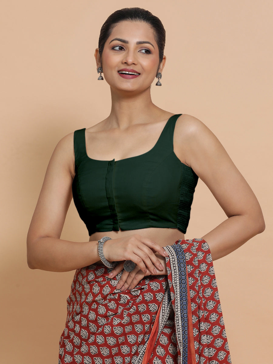Mohini x Rozaana Saree Blouse, in Green Cotton, featuring sleeveless and round neckline, made for daily & work (view 6).
