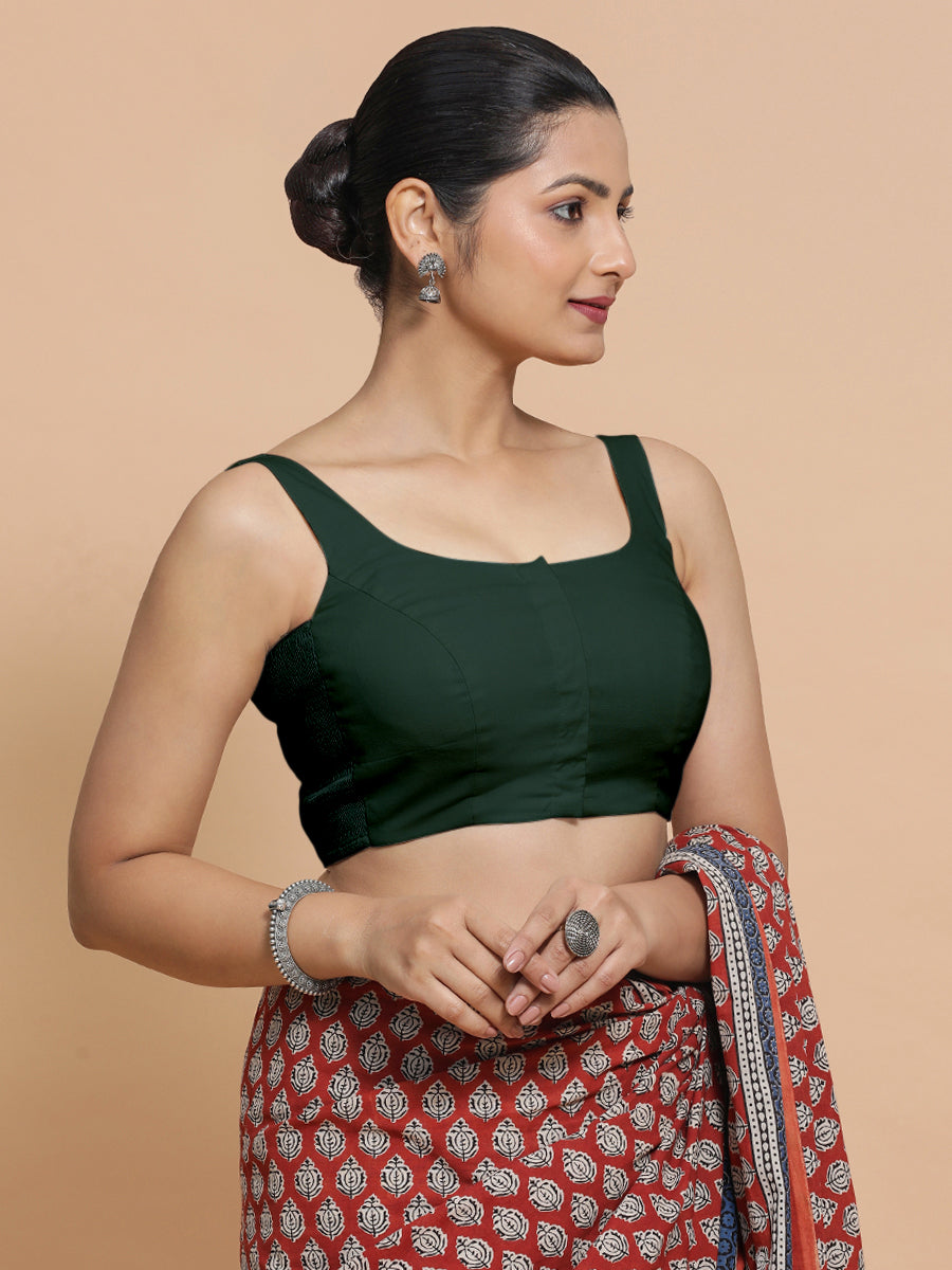 Mohini x Rozaana Saree Blouse, in Green Cotton, featuring sleeveless and round neckline, made for daily & work (view 8).