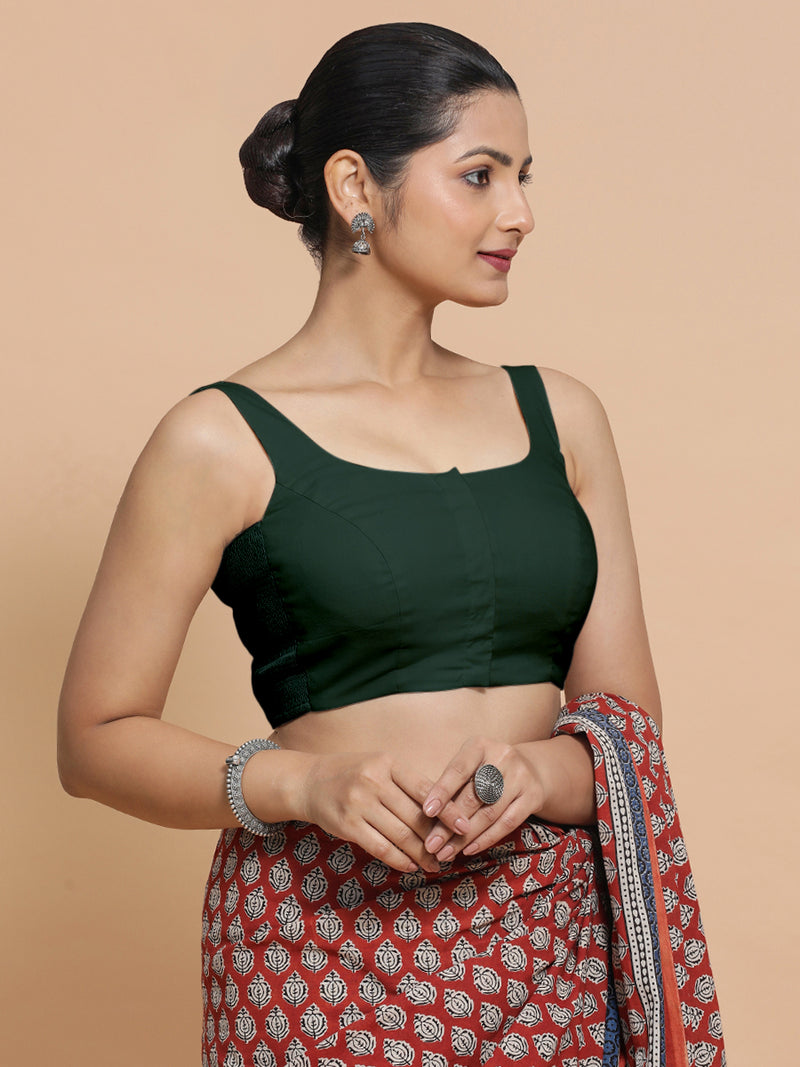 Mohini x Rozaana | Round Neck Moss Green Plain Cotton Saree Blouse-Binks