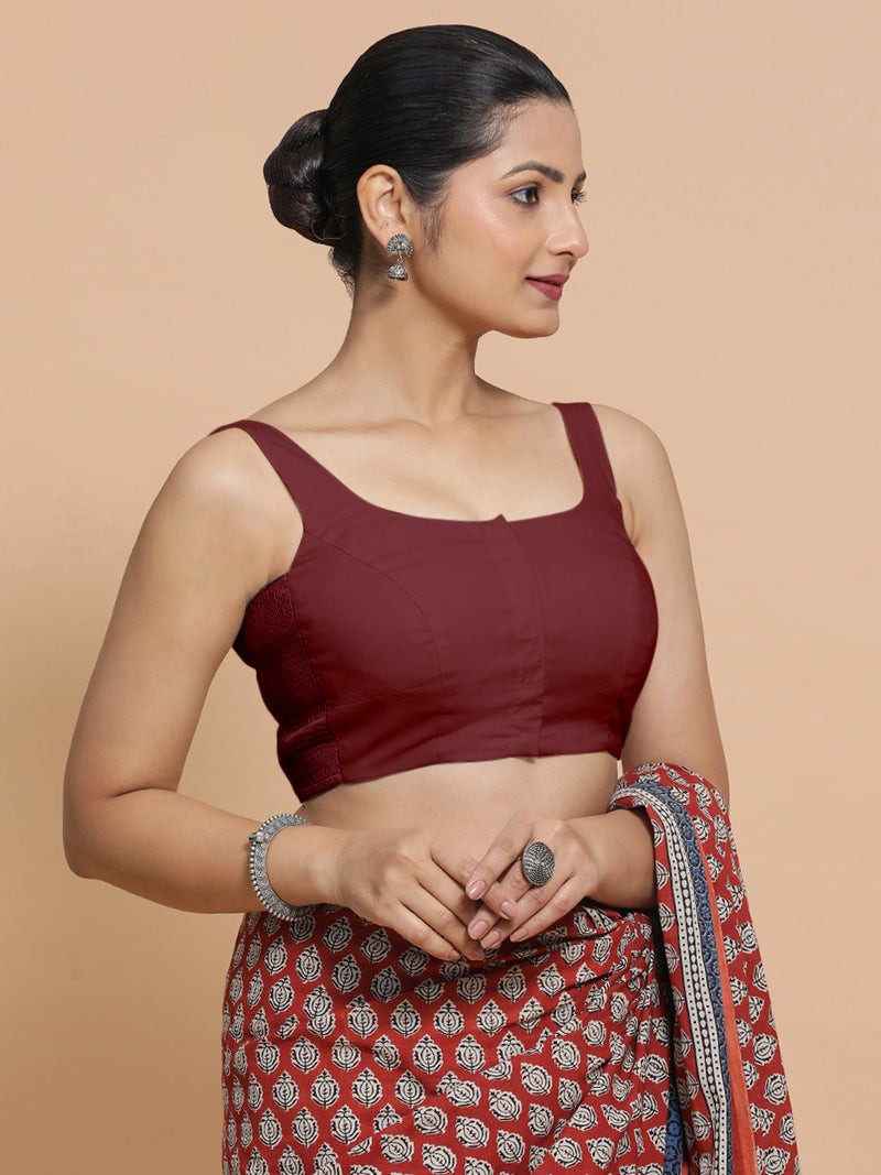 Mohini x Rozaana | Round Neck Royal Maroon Plain Cotton Saree Blouse-Binks