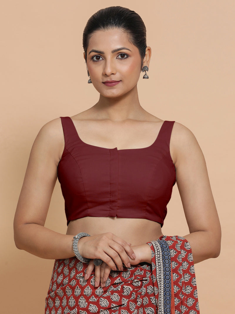 Mohini x Rozaana | Round Neck Royal Maroon Plain Cotton Saree Blouse-Binks