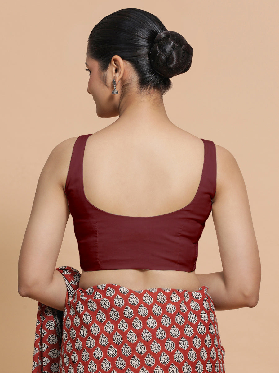 Mohini x Rozaana Saree Blouse, in Maroon Cotton, featuring sleeveless and round neckline, made for daily & work (view 2).
