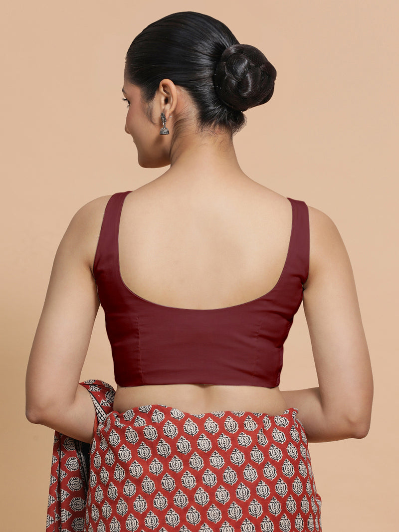 Mohini x Rozaana | Round Neck Royal Maroon Plain Cotton Saree Blouse-Binks