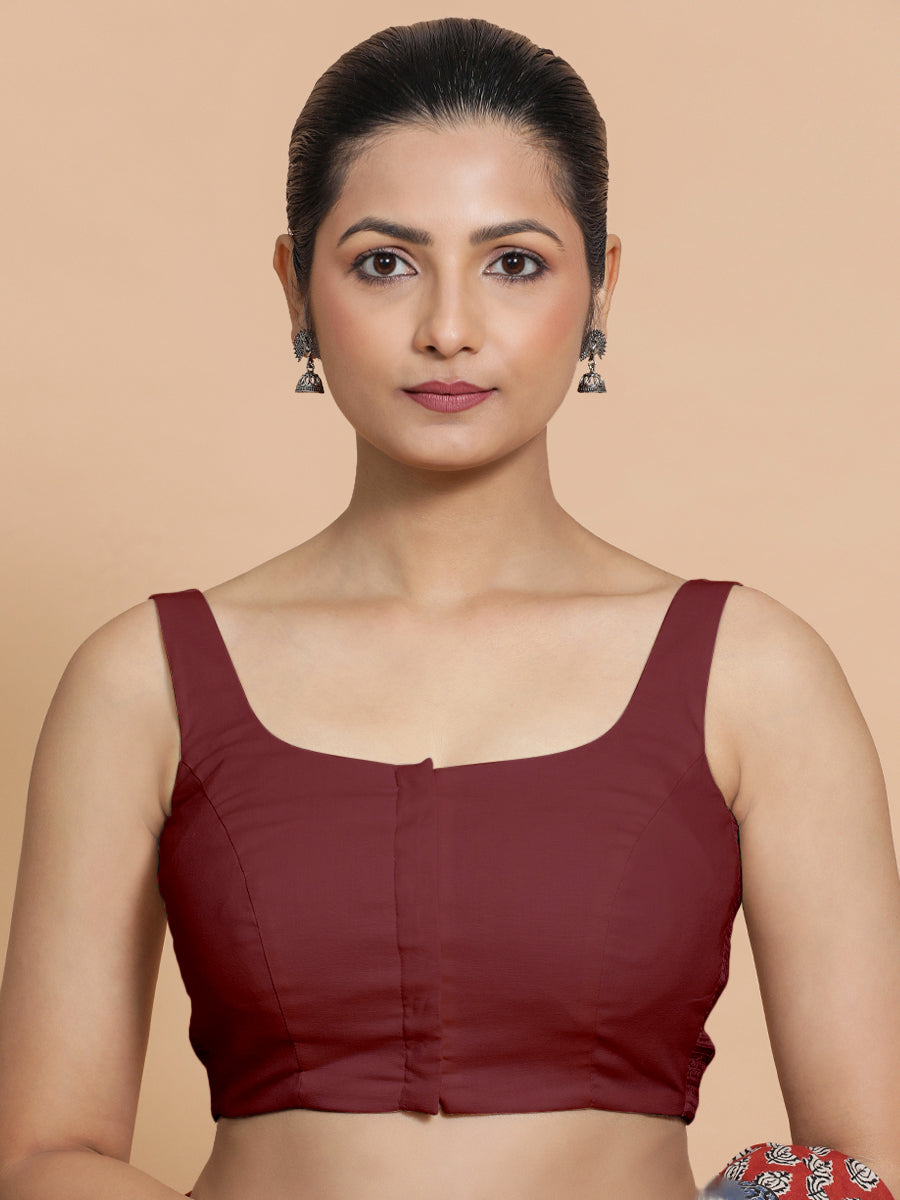 Mohini x Rozaana Saree Blouse, in Maroon Cotton, featuring sleeveless and round neckline, made for daily & work (view 4).