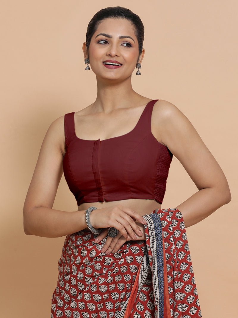 Mohini x Rozaana | Round Neck Royal Maroon Plain Cotton Saree Blouse-Binks
