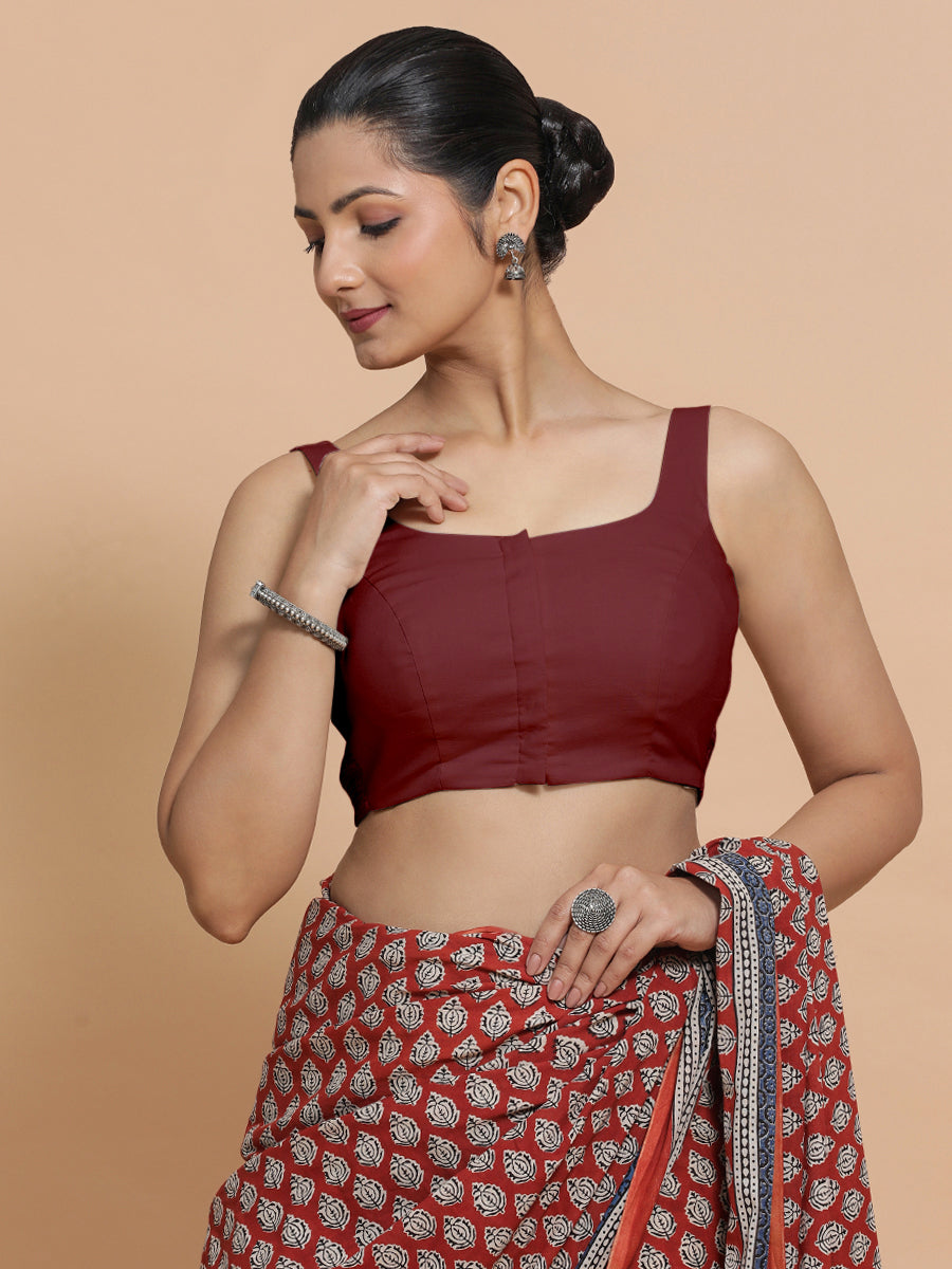 Mohini x Rozaana Saree Blouse, in Maroon Cotton, featuring sleeveless and round neckline, made for daily & work (view 7).