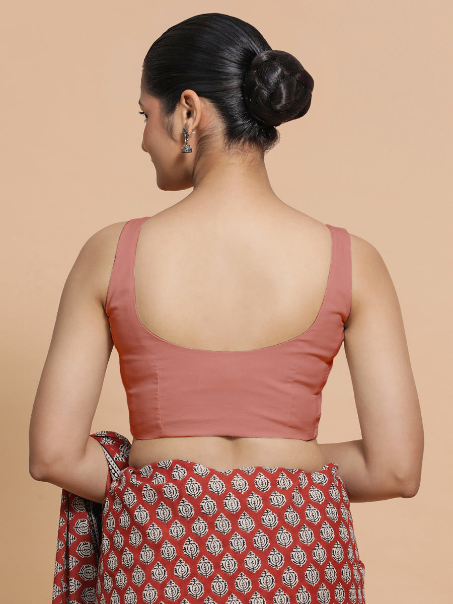 Mohini x Rozaana Saree Blouse, in Peach Cotton, featuring sleeveless and round neckline, made for daily & work (view 2).