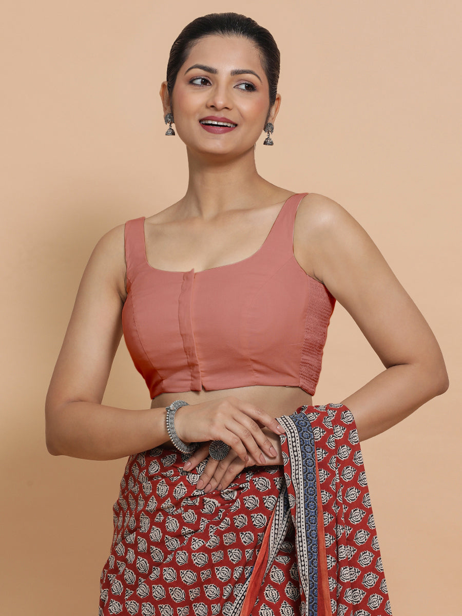 Mohini x Rozaana Saree Blouse, in Peach Cotton, featuring sleeveless and round neckline, made for daily & work (view 6).