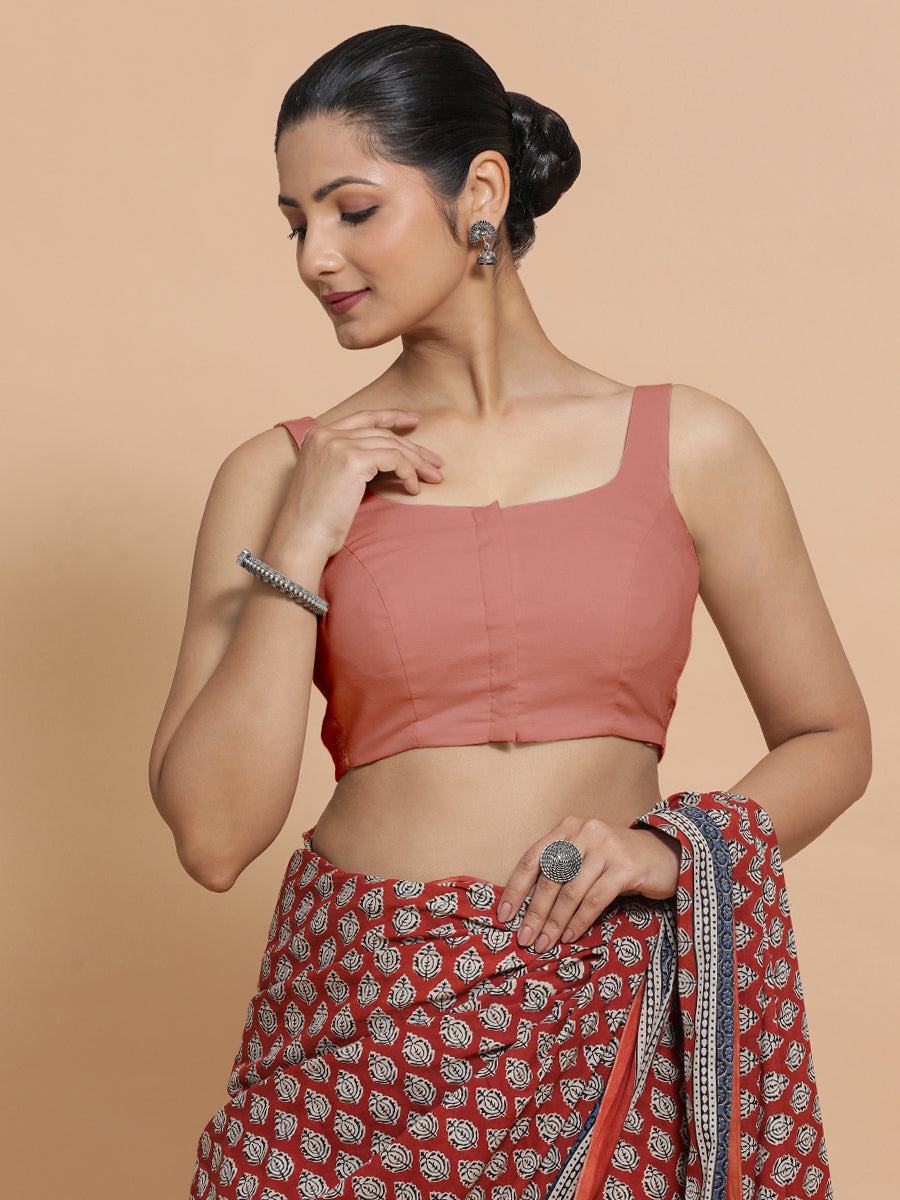 Mohini x Rozaana Saree Blouse, in Peach Cotton, featuring sleeveless and round neckline, made for daily & work (view 7).
