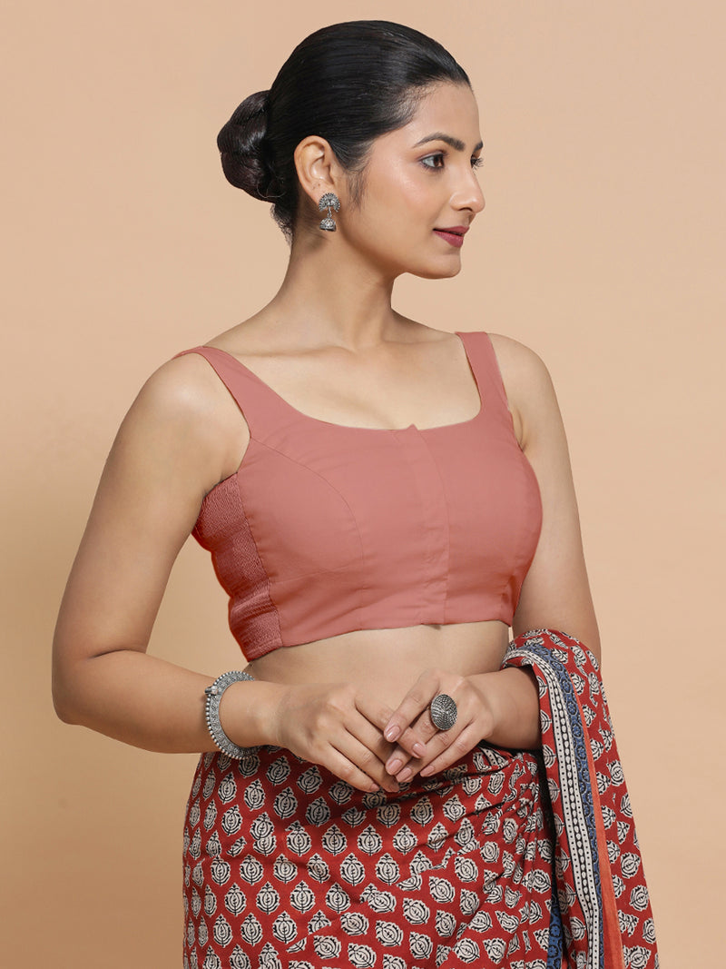 Mohini x Rozaana | Round Neck Soft Peach Plain Cotton Saree Blouse-Binks