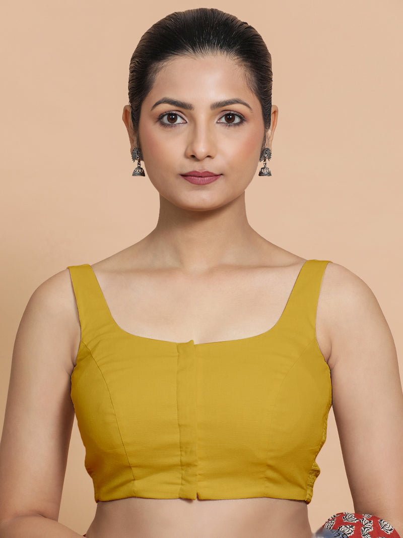 Mohini x Rozaana | Round Neck Sunny Yellow Plain Cotton Saree Blouse-Binks
