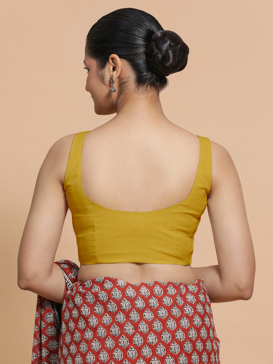 Mohini x Rozaana Saree Blouse, in Yellow Cotton, featuring sleeveless and round neckline, made for daily & work (view 2).