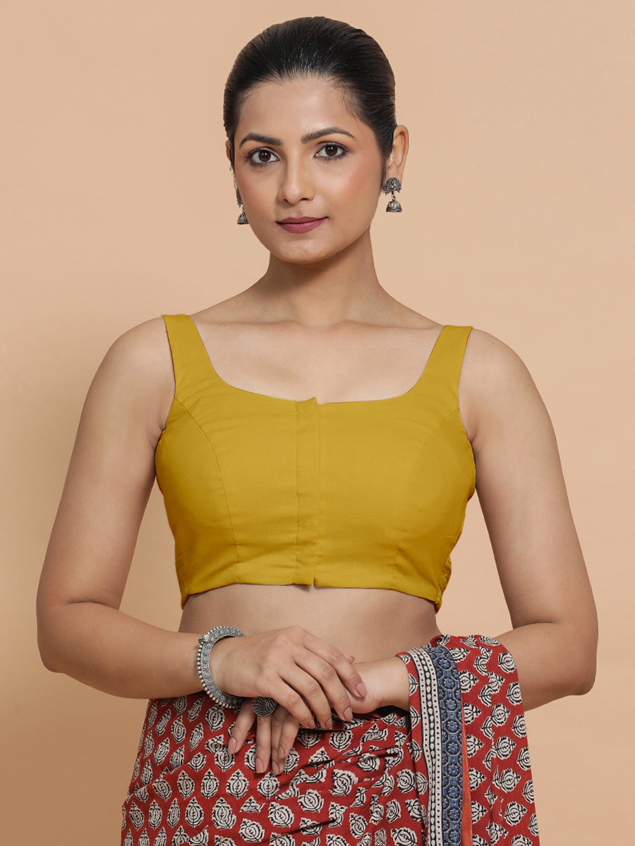 Mohini x Rozaana Saree Blouse, in Yellow Cotton, featuring sleeveless and round neckline, made for daily & work (view 4).