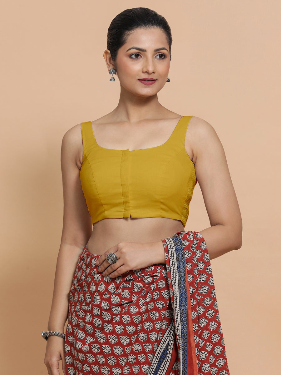 Mohini x Rozaana Saree Blouse, in Yellow Cotton, featuring sleeveless and round neckline, made for daily & work (view 5).