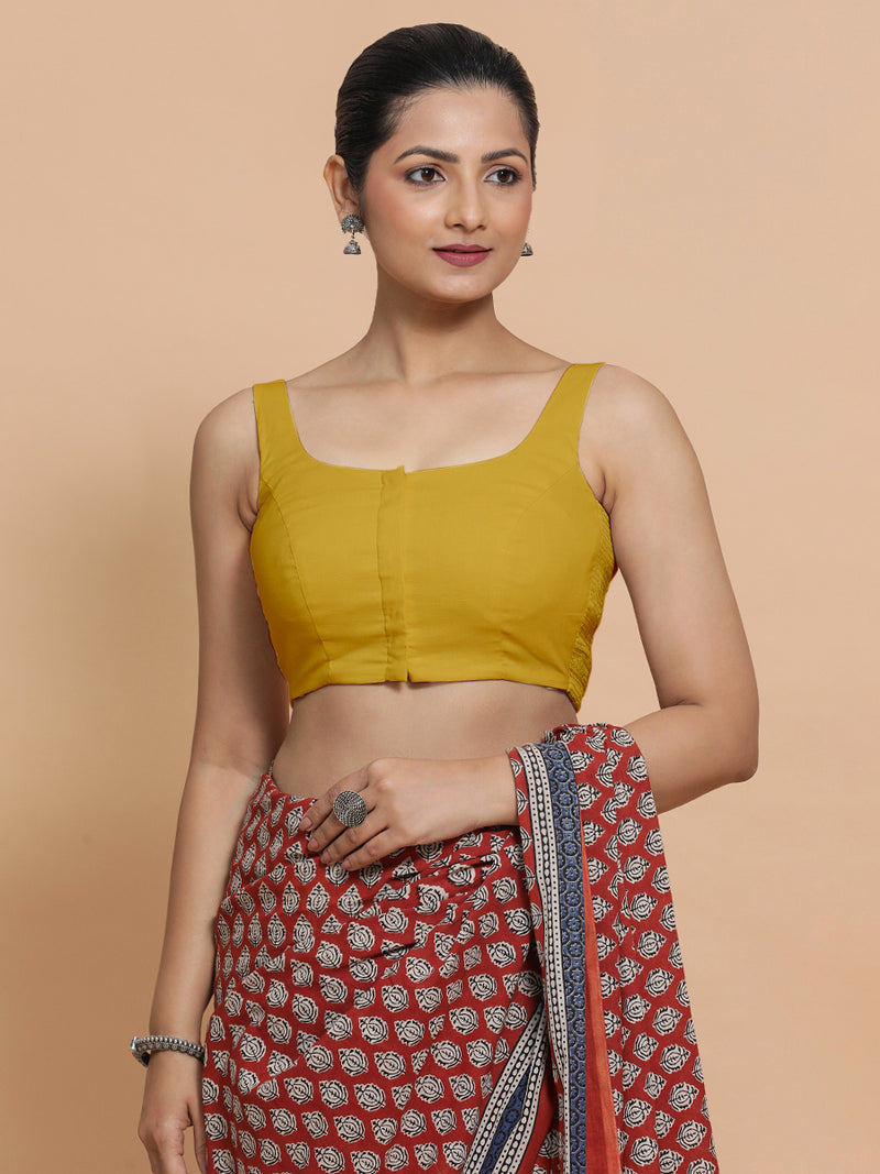 Mohini x Rozaana | Round Neck Sunny Yellow Plain Cotton Saree Blouse-Binks