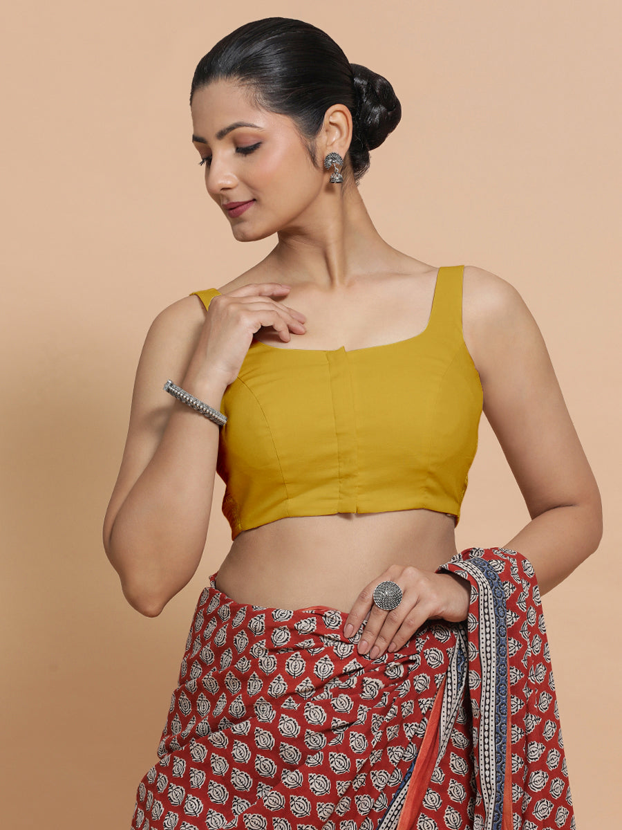 Mohini x Rozaana Saree Blouse, in Yellow Cotton, featuring sleeveless and round neckline, made for daily & work (view 7).