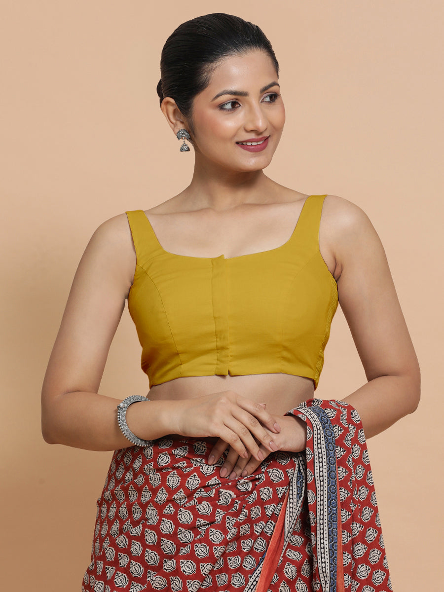 Mohini x Rozaana Saree Blouse, in Yellow Cotton, featuring sleeveless and round neckline, made for daily & work (view 8).