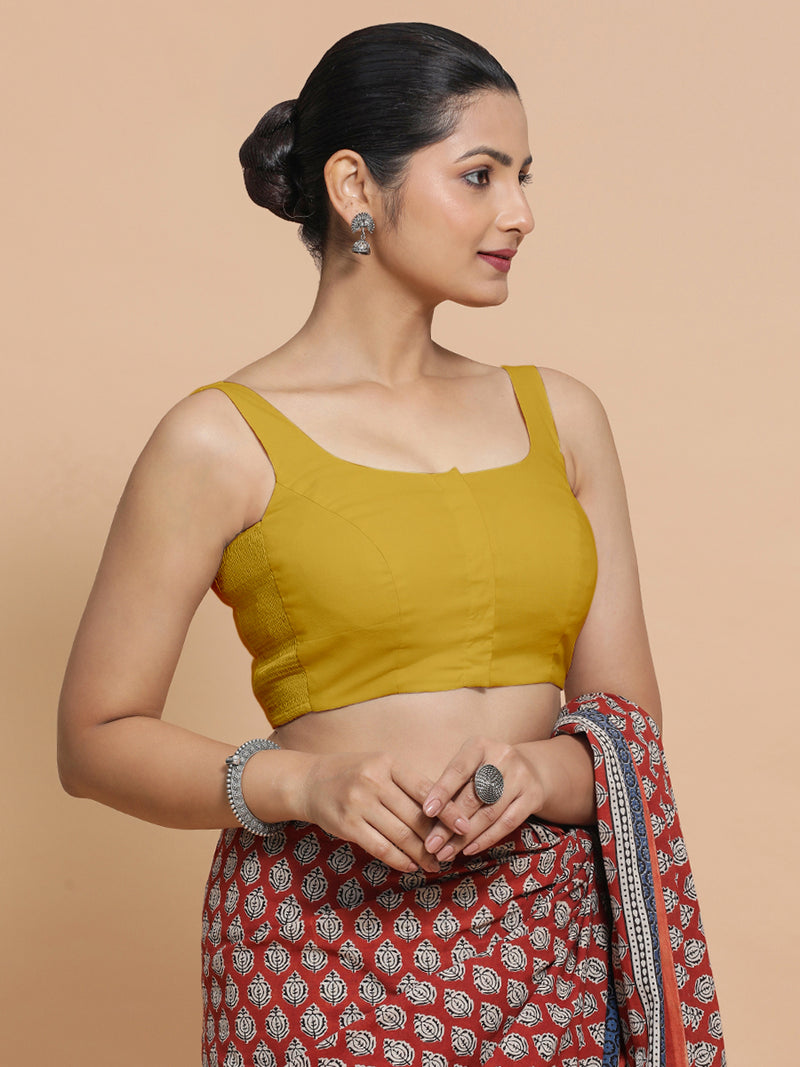 Mohini x Rozaana | Round Neck Sunny Yellow Plain Cotton Saree Blouse-Binks