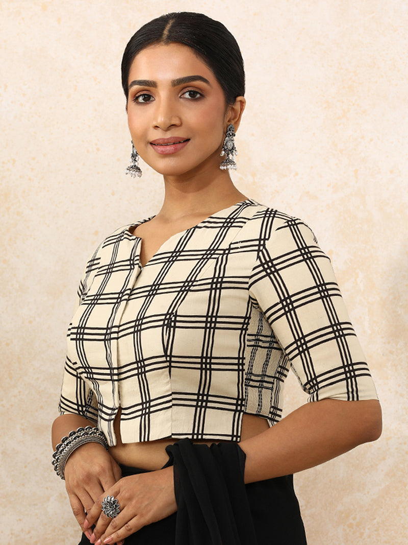 Moksha x Rozaana | Elbow Sleeves Saree Blouse in Cream Windowpane Check Block Print Cotton-Binks