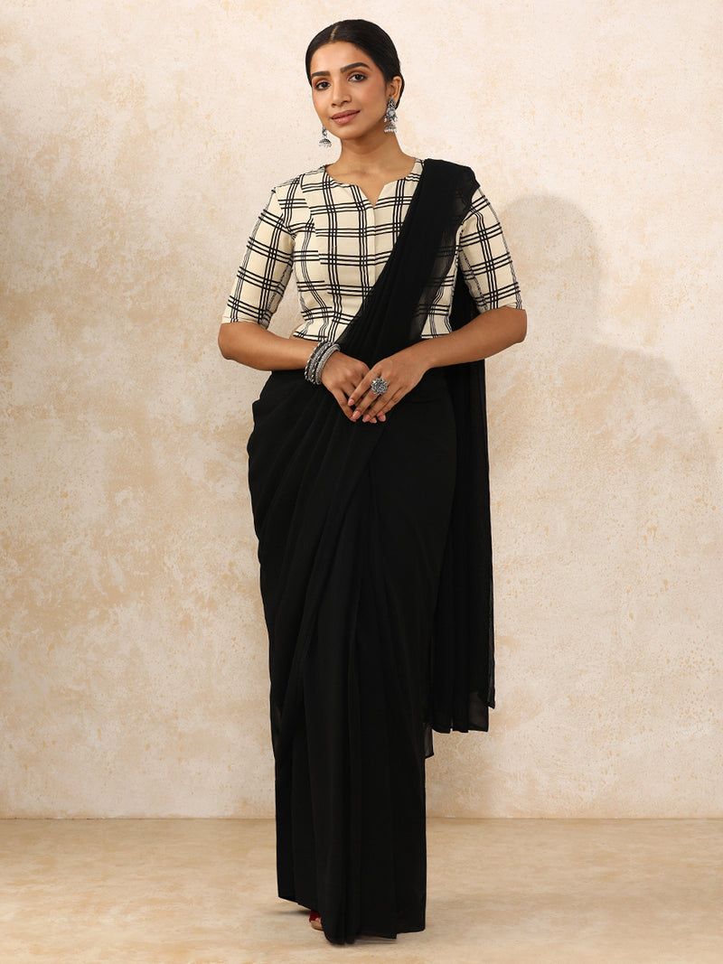 Moksha x Rozaana | Elbow Sleeves Saree Blouse in Cream Windowpane Check Block Print Cotton-Binks