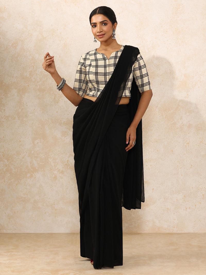 Moksha x Rozaana | Elbow Sleeves Saree Blouse in Cream Windowpane Check Block Print Cotton-Binks