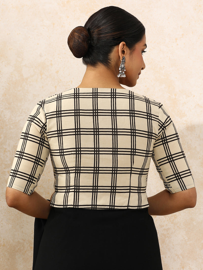 Moksha x Rozaana | Elbow Sleeves Saree Blouse in Cream Windowpane Check Block Print Cotton-Binks