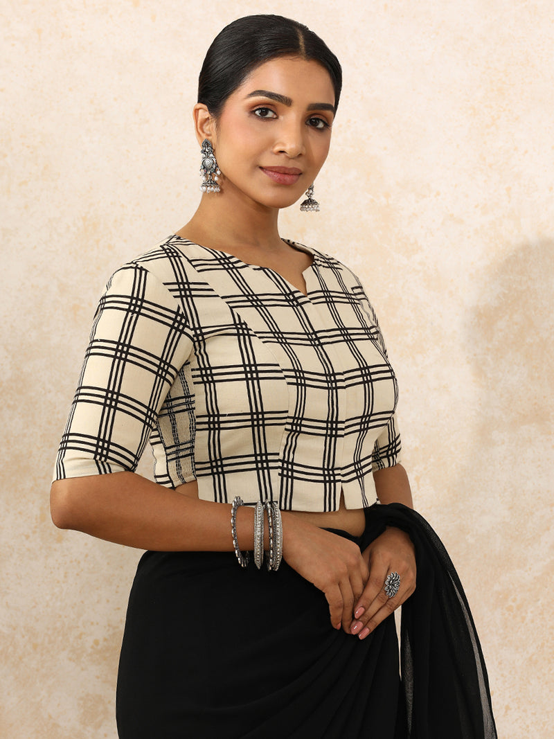 Moksha x Rozaana | Elbow Sleeves Saree Blouse in Cream Windowpane Check Block Print Cotton-Binks