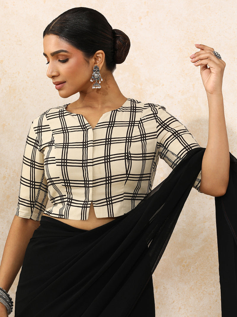 Moksha x Rozaana | Elbow Sleeves Saree Blouse in Cream Windowpane Check Block Print Cotton-Binks