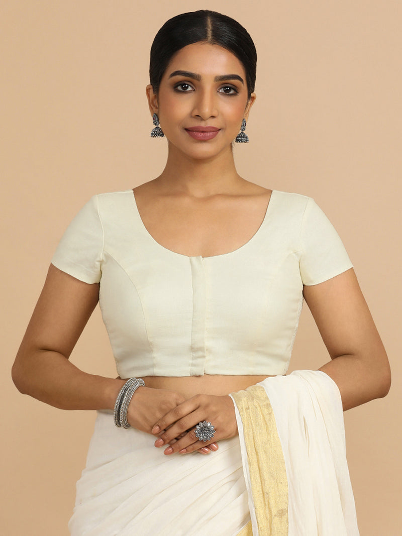 Mona x Rozaana | Short Sleeves Saree Blouse in Chalk White Linen-Binks