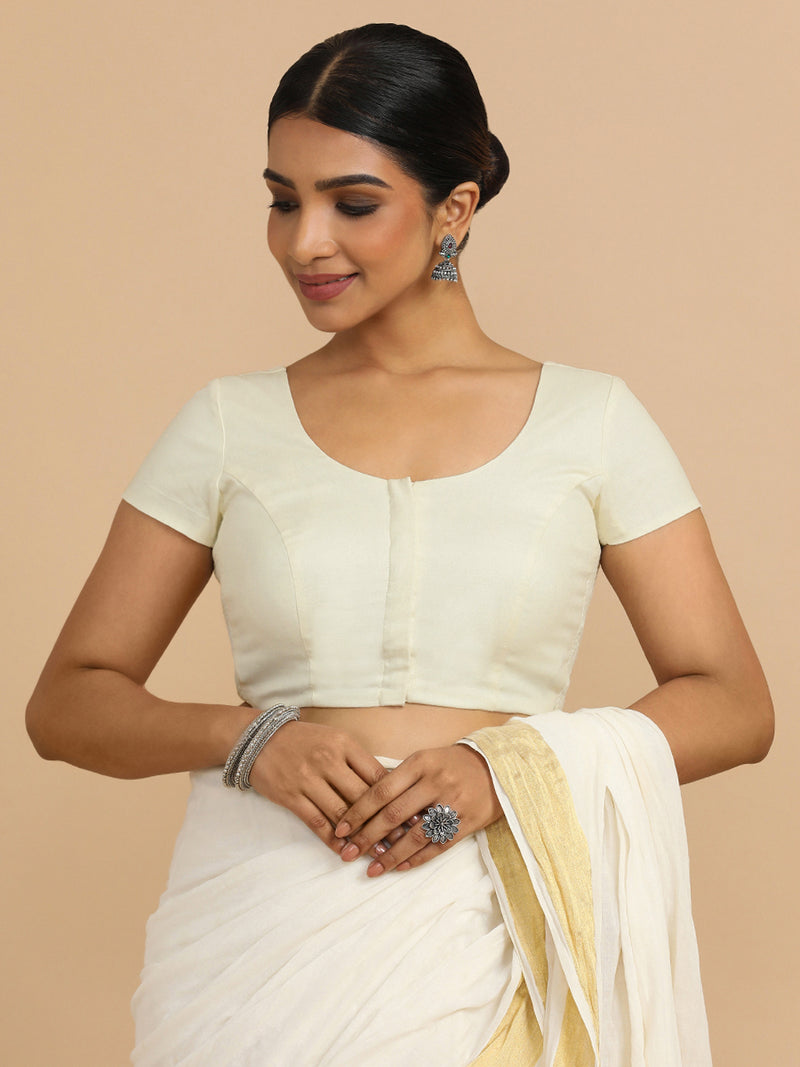 Mona x Rozaana | Short Sleeves Saree Blouse in Chalk White Linen-Binks