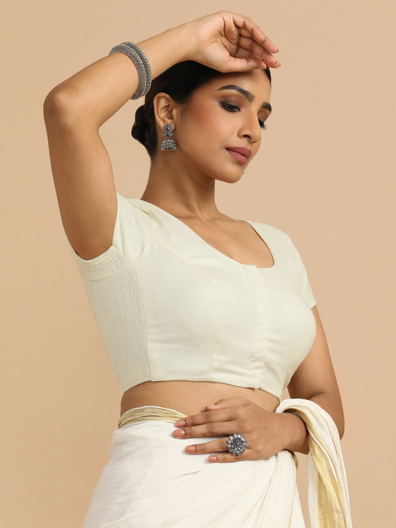 Mona x Rozaana | Short Sleeves Saree Blouse in Chalk White Linen-Binks