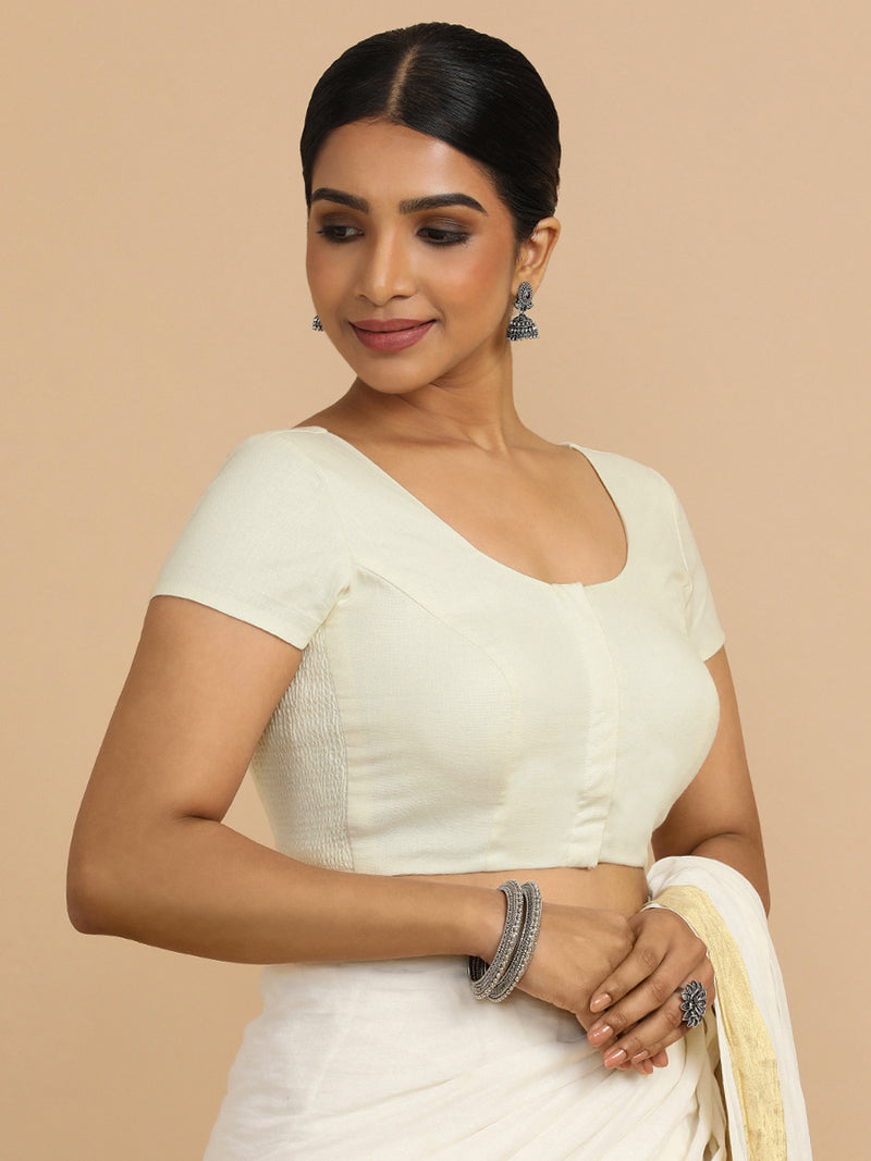 Mona x Rozaana | Short Sleeves Saree Blouse in Chalk White Linen-Binks